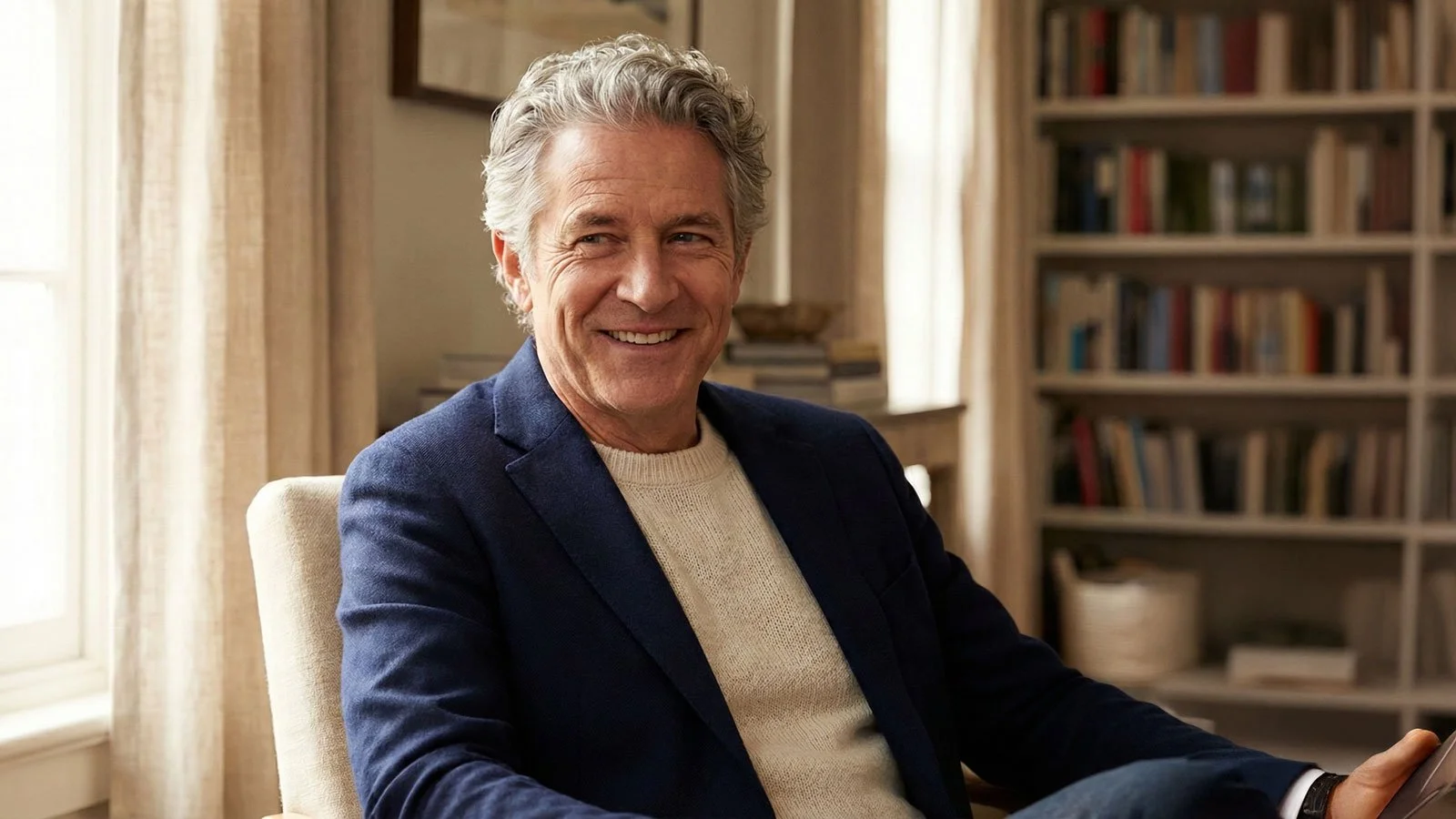 Professional lifestyle portrait of confident male person in their 50s with healthy full hair