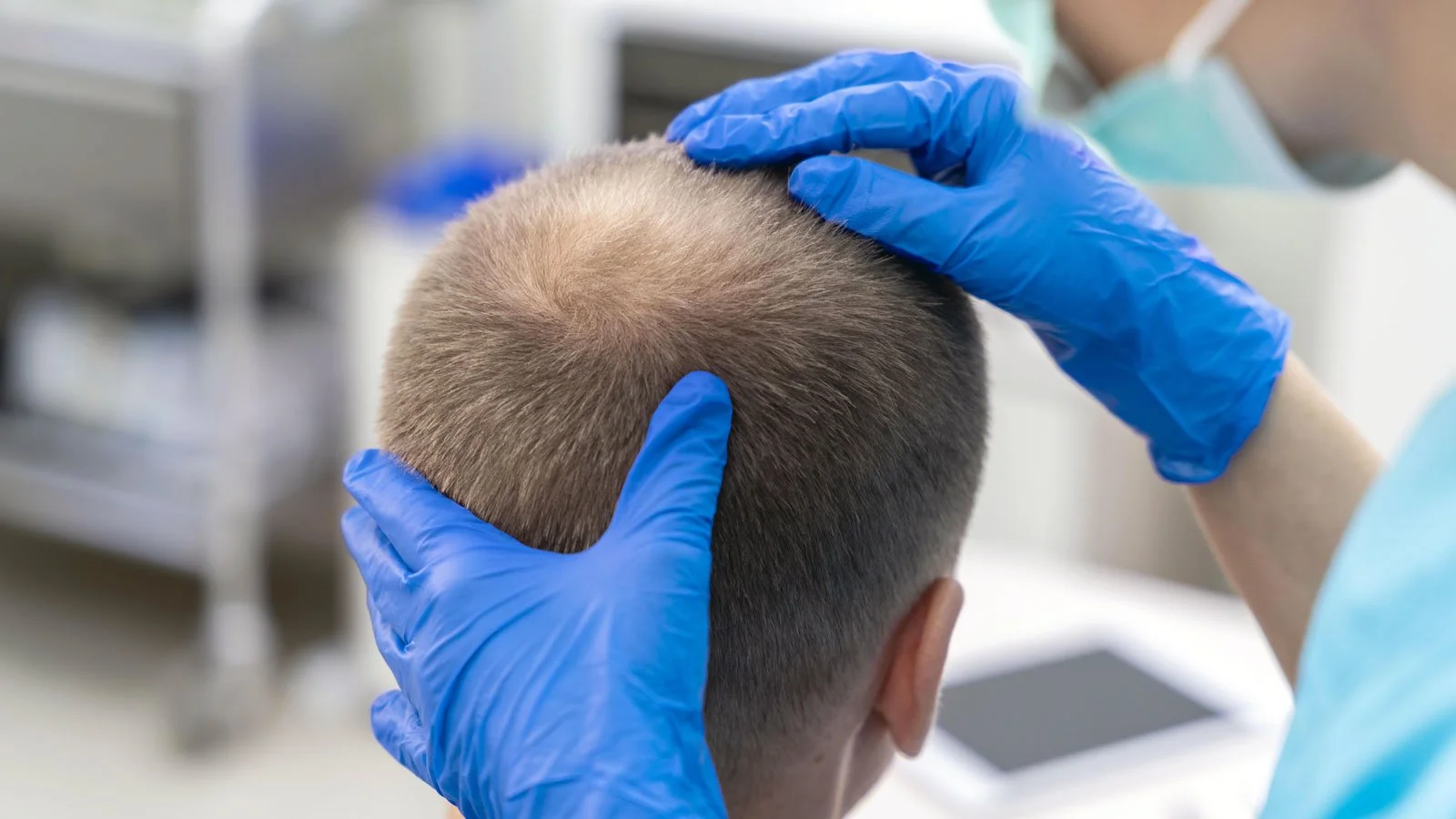 A man's scalp is inspected for hair loss